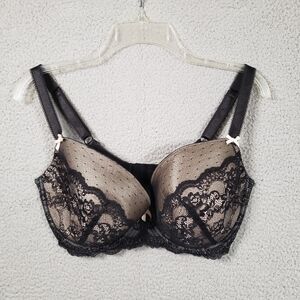 Figleaves Bra Womens 36FF Black Lace Pad Underwire Push Up Intimates Pink Bows